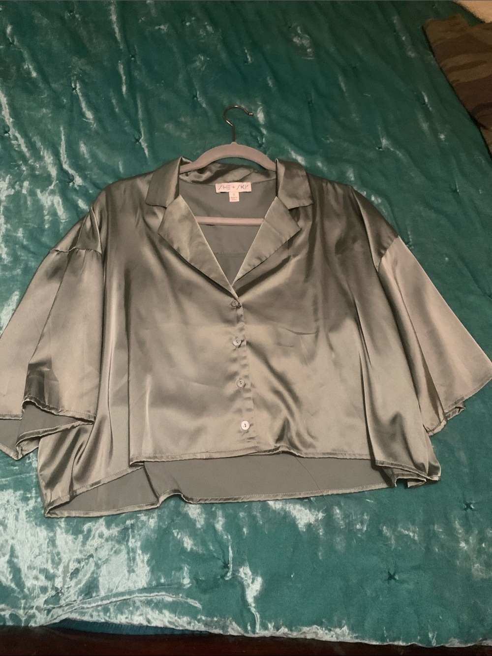 She and Sky Satin Cropped Button-Down Top in Sage Green